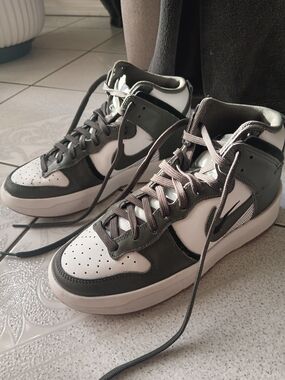 Women's Nike High Top Dunks Sneakers in White and Dark Olive